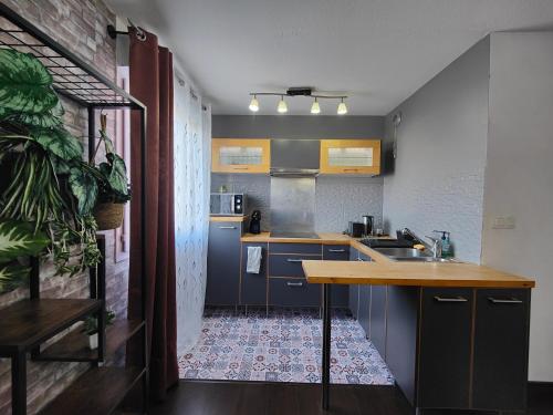 a kitchen with blue cabinets and a counter top at Cocoon'Inn Blagnac in Blagnac