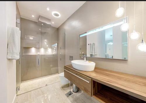 Indian Wells Mtn Cove with Kitchen Living Room Patio Firepit BBQ Tennis Stadium في إينديان ويلس: حمام مع حوض ودش ومرآة