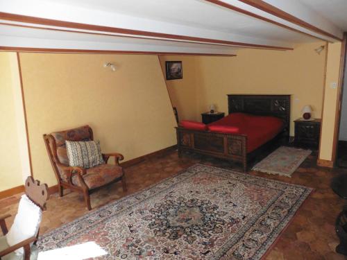 a bedroom with a bed and a chair and a rug at la maison de Voueize in Peyrat-la-Nonière