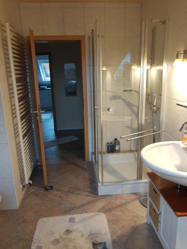 a bathroom with a shower and a sink at FeWo oben in Kalletal