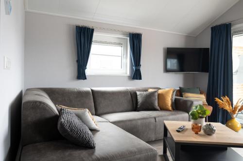 ein Wohnzimmer mit einer grauen Couch und blauen Vorhängen in der Unterkunft Chalet bis 4 Personen ohne Hund - a61177 in Norden