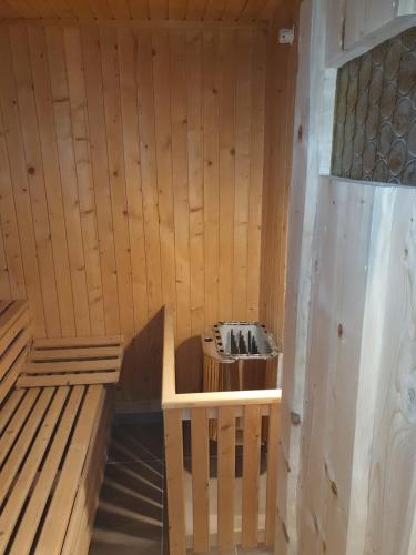 an inside of a wooden sauna with a tub at Ferienwohnung Steinberg mit Sauna in Rothenkirchen