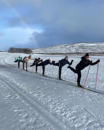 a group of people cross country skiing in the snow at Svansholl Apartments in Laugarholl