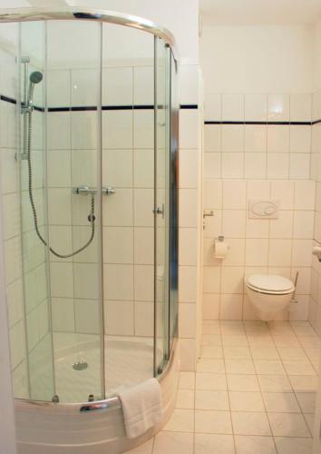 a bathroom with a shower and a toilet at Zentrale Ferienwohnung 51qm im Hotel zur Börse in Hameln