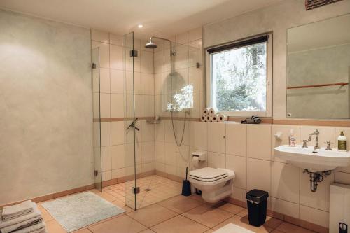 un bagno con doccia, WC e lavandino di Gartenhaus in Solingen NRW a Solingen