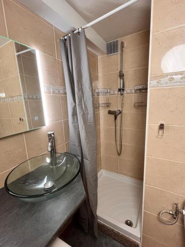 une salle de bain avec un lavabo et une douche dans l'établissement La Yaute, à Marnaz