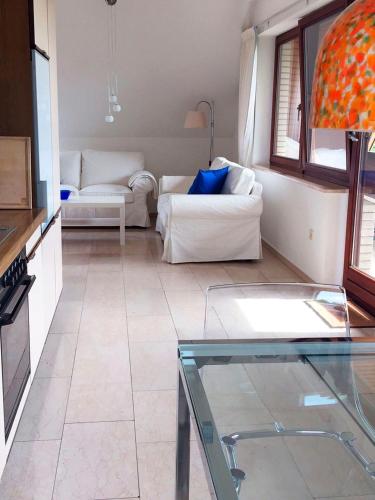 a living room with a couch and a glass table at FeWo Gottorf in Ulsnis