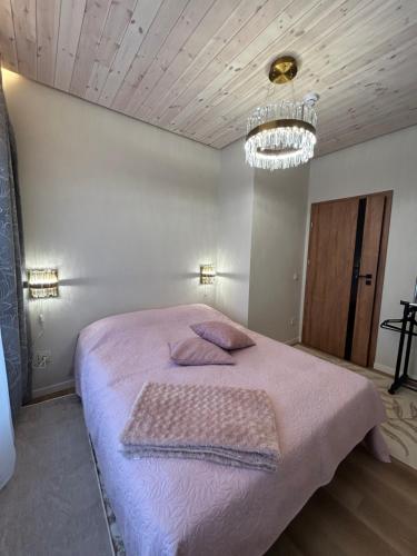 a bedroom with a bed with pink sheets and a chandelier at Jora in Stančiai