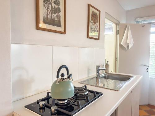 einen Wasserkocher auf einem Herd in der Küche in der Unterkunft St James Garden Cottage in St James