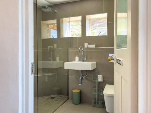 a bathroom with a shower and a sink and a toilet at St James Pool Cottage in St James