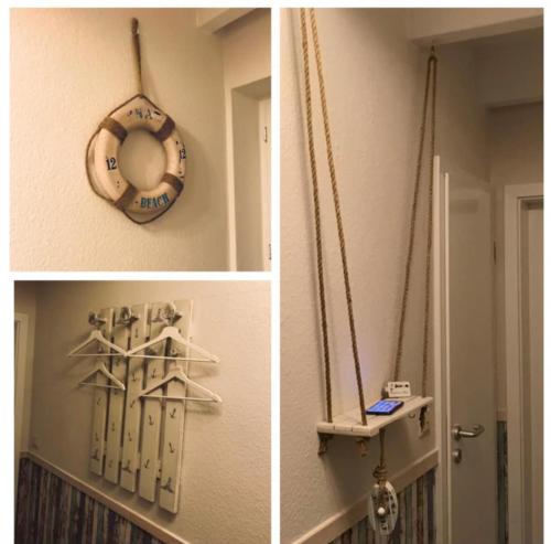 two pictures of a room with a door with a clock at Dat Onnens Hus - Burhave 16 in Butjadingen