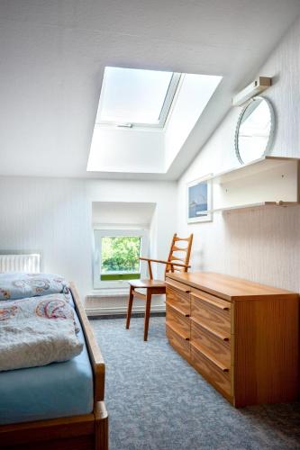 a bedroom with a bed and a dresser and a skylight at Knusthof - Wohnung 4 in Albertsdorf