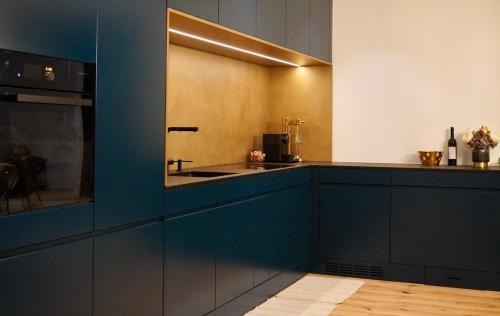 a kitchen with blue cabinets and a sink at LAKEVIEW - a design holiday home in Berlingen