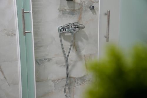 a shower with a shower head in a bathroom at Apartman S&V 1 Wellness & Spa Juba in Lukavica