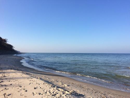 a beach with footprints in the sand and the ocean at Wy & Spa in Pobierowo