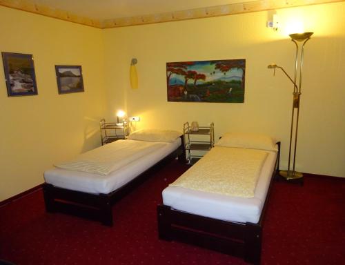 two beds in a room with a red carpet at Allgäu Berge und Seen in Immenstadt im Allgäu