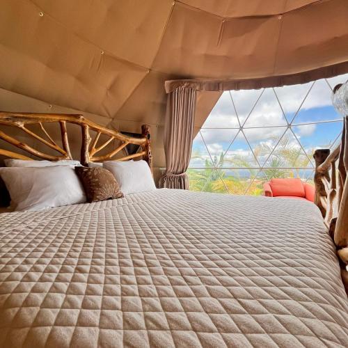 a bed in a tent with a large window at Refugio del Bosque in Guácimo