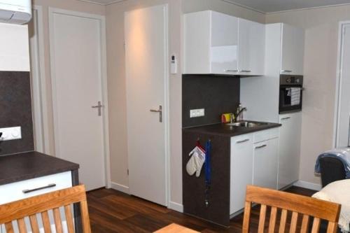 a small kitchen with a sink and a counter at Hausboot Dolce Vita in Klitten