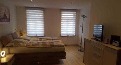 a bedroom with a bed and a desk with a television at Ferienwohnung am Schlosspark in Bad Harzburg