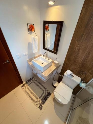 a bathroom with a sink and a toilet and a mirror at Pousada Cantinho da Serra in Campos do Jordão