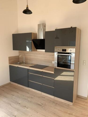 a kitchen with a sink and a stove top oven at Zum Rheinblick in Lierschied