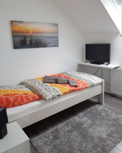 a bedroom with a bed and a tv on a wall at Buhr's Nord-Ostsee-Stern in Stolk