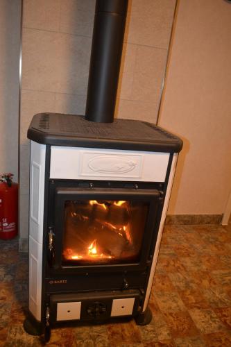 a stove with a fire inside of it at Ferienhof Thele Wohnung EG in Werlte