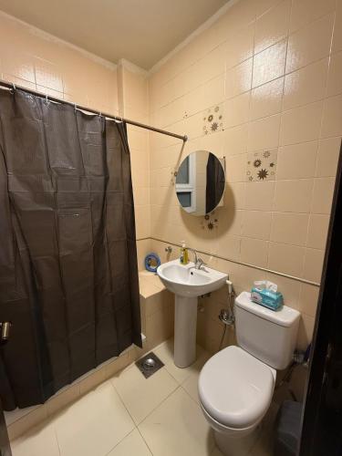 une salle de bain avec toilettes, lavabo et douche dans l'établissement Elegant apartment with garden, à Sheikh Zayed