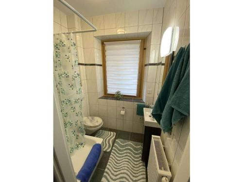 a bathroom with a shower curtain and a toilet at Holiday home with 4 rooms and terrace in Osann-Monzel