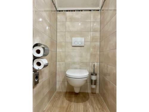 a bathroom with a toilet and two rolls of toilet paper at Stadtvilla Laux Comfortable holiday residence in Merzig