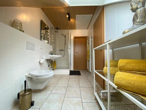 a bathroom with a toilet and a sink at GRO-Holiday home Comfortable holiday residence in WÃ¶lpinghausen