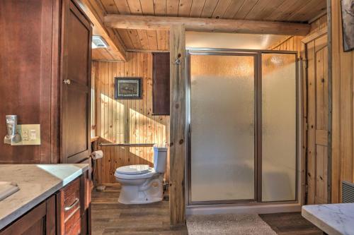 a bathroom with a shower and a toilet at Cascade Cabin with Mountain View and River Access in Cascade