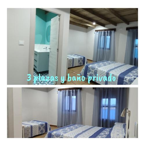 two pictures of a bedroom with a bed and a mirror at La Traviesa Casa Rural in Aljucén