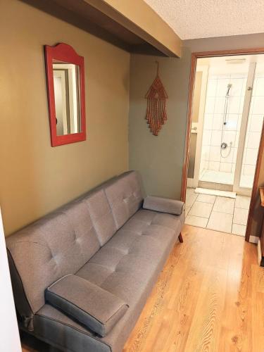 a couch sitting in a living room with a door at Cozy 7BR Farmhouse with Pool, Hot Tub, Sauna and More in Langley