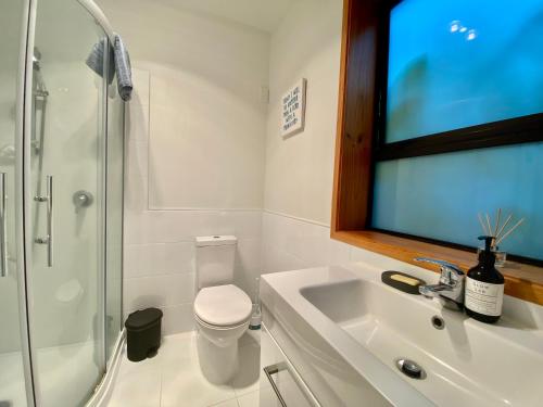 a bathroom with a toilet and a sink and a shower at Lake Okareka Oasis in Rotorua