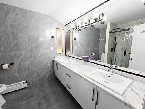 a bathroom with a sink and a large mirror at Cozy 7BR Farmhouse with Pool, Hot Tub, Sauna and More in Langley