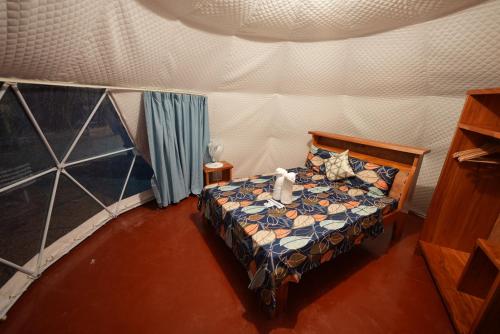 a bedroom with a bed with a cat sitting on it at Carabao Island Beach Camp in San Jose