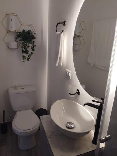 a bathroom with a sink and a toilet and a mirror at Blessing House in Bogotá