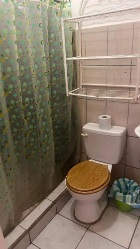 a bathroom with a toilet with a shower curtain at Casa central in San Juan del Sur