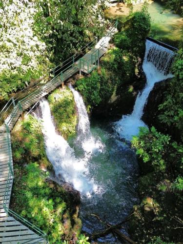 an aerial view of a waterfall in a forest at Pozas y Cascadas La Presa in Río Cuarto