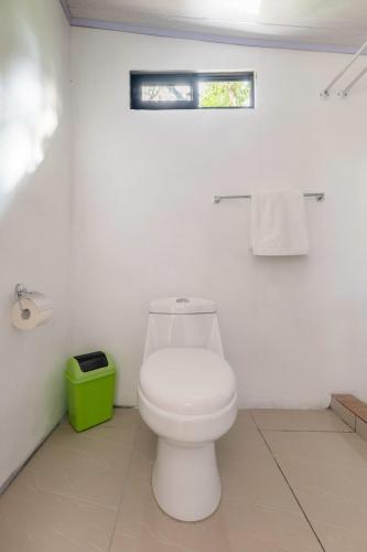 a bathroom with a white toilet and a green trash can at Pozas y Cascadas La Presa in Río Cuarto