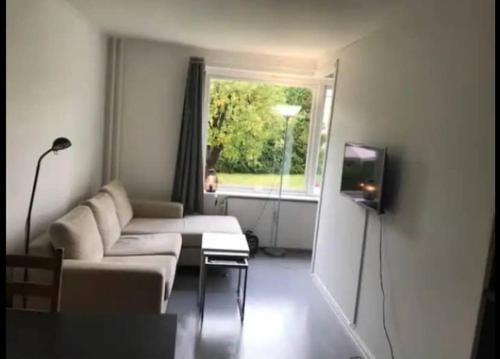 a living room with a couch and a window at Cozy apt by subway, parking in Lijordet