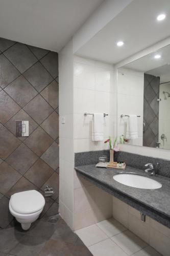 a bathroom with a toilet and a sink and a mirror at Eastend Munnar in Munnar