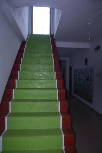 a stairway with green carpet and a window at Choice hotels in Haputale