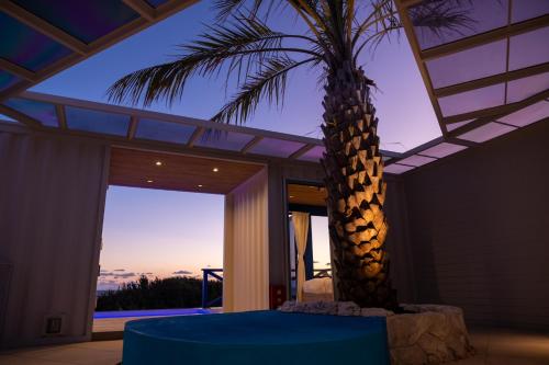 a palm tree in front of a house with a table at UMInoTERRACE in Minamiboso
