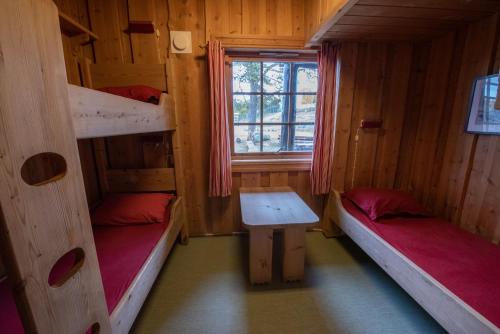 a room with two bunk beds and a window at Langedrag Naturpark AS in Tunhovd
