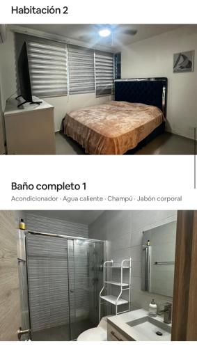 Cette chambre comprend un lit, une télévision et une salle de bains. dans l'établissement Céntrico 2 Recamaras 2 Baños, à Panama City