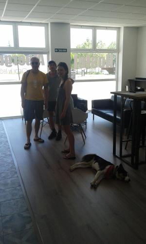 a group of people standing in a room with a dog on the floor at Check In León in León