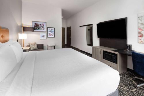 a hotel room with a large bed and a flat screen tv at La Quinta Inn & Suites by Wyndham Meridian in Meridian