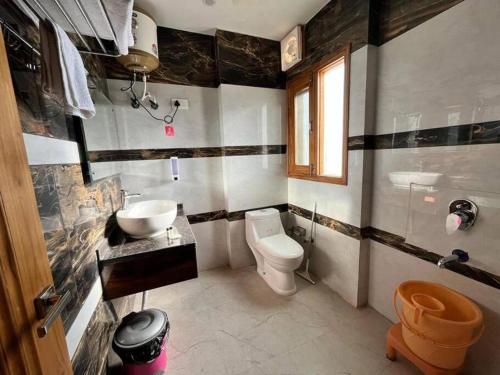 a bathroom with a toilet and a sink at Hotel Hadley in Dharampur
